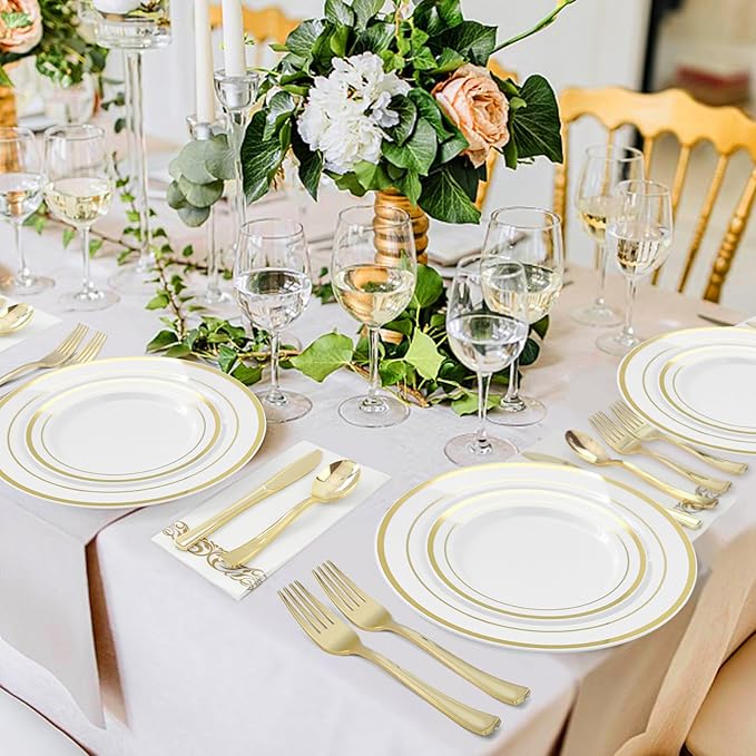 BESTVIP 200PCS Gold Plastic Silverware, Gold Disposable Utensils, Heavy Duty Cutlery Set of 100 Forks, 50 Spoons, 50 Knives for Parties, Weddings, Catering and Daily Use