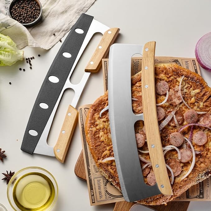 AMUZHI Stainless steel pizza cutter with cover Non-Stick Pizza Cutter pizza cutter rocker 14 inch (Single wooden handle)