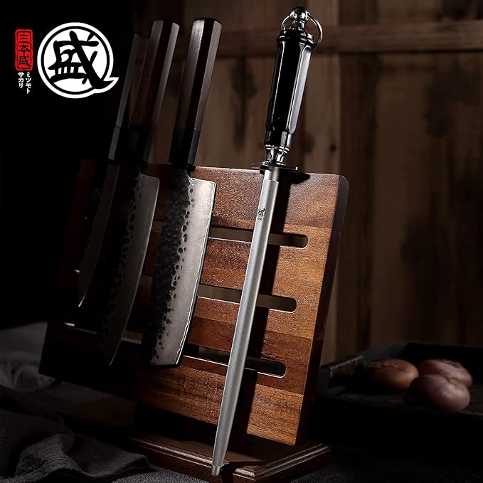 MITSUMOTO SAKARI 10 inch Japanese Honing Steel - Round Diamond Knife Sharpening Rod, Professional High Carbon Sharpener with ABS Handle & Powerful Magnet