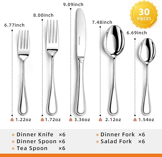 Silverware set for 6,30 Pieces Premium Stainless Steel Silverware set,Mirror Polished Cutlery Set,Flatware Set for 6,Dishwasher Safe,Luster Series