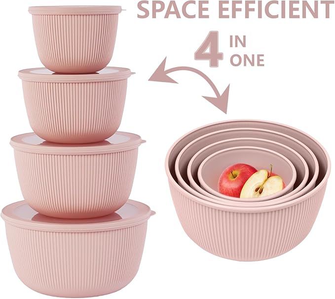 BoxedHome Mixing Bowls with Lids Set, 4 Packs BPA-Free Plastic Prep Bowls for Kitchen, Dishwasher & Microwave Safe, Pink