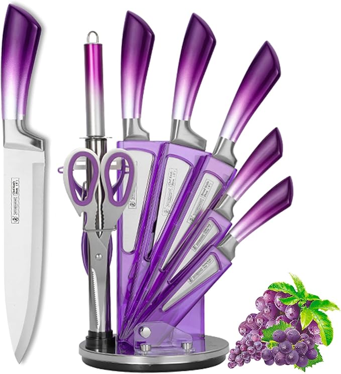 Purple Professional 9-Piece Kitchen Knife Set with Acrylic Block - Non Stick Sharp Stainless Steel Chef Knives with Sharpener