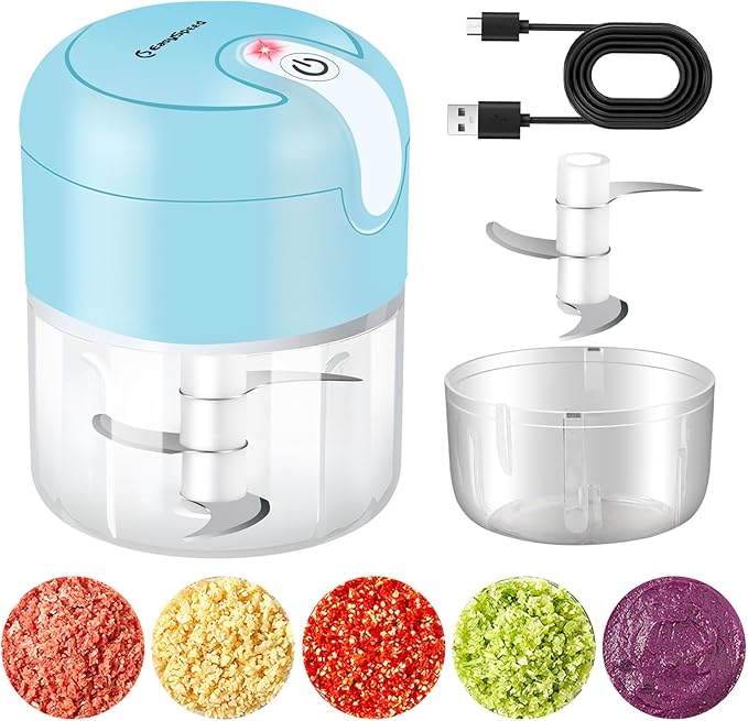 EASYSPEED Electric Garlic Chopper 1Cup, Mini USB-C Charging Food Processor, Garlic Mincer with 3 Stainless Steel Sharp Blades, Portable Kitchen Meat Grinder for Onion, Ginger, Chili, Baby Food, Blue