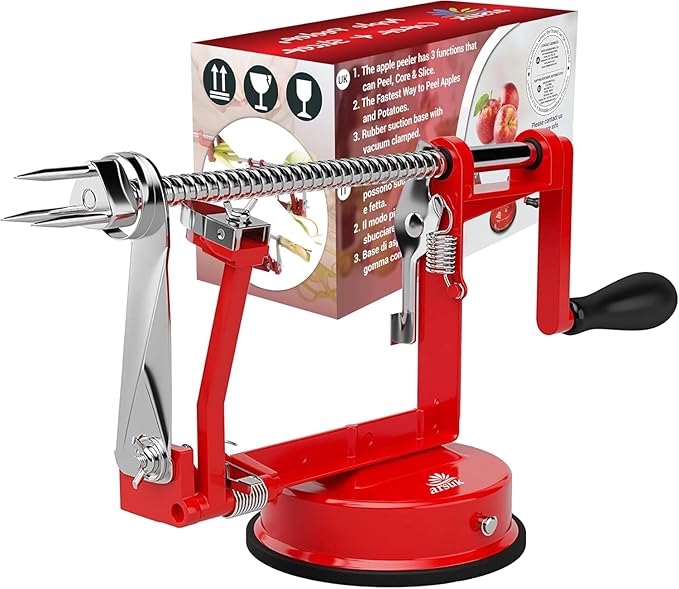 Apple Peeler Slicer Corer - (Extra 2 Blades & 1 Corer) 3 in 1 Kitchen Peeling Machine for Vegetables and Fruits, Stainless Steel Adjustable Blade, Anti Slip Suction Base