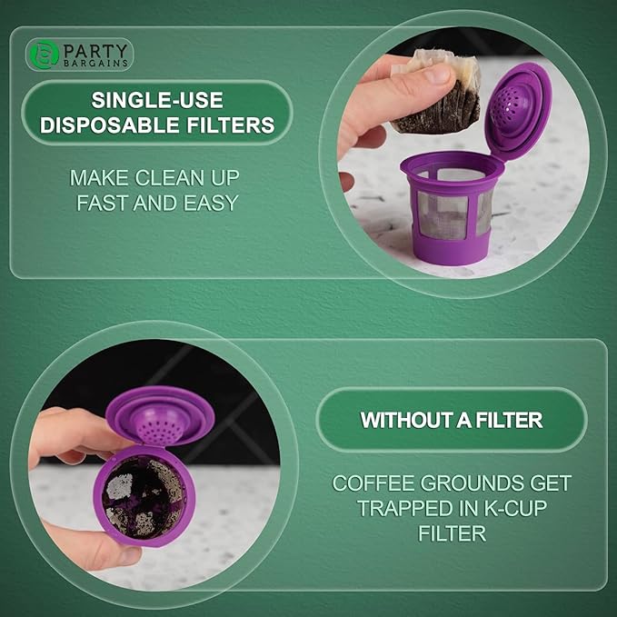 PARTY BARGAINS 300 Compact Disposable Coffee Filter Liners – Compatible with Keurig Brewers & K-Cup Reusable Pods, Single-Serve Paper Filters