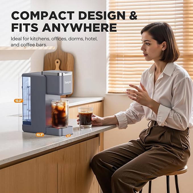 Single Serve Coffee Maker, Iced and Hot Coffee Machine for K Cup & Grounds, Compact Design, 40oz Removable Water Reservoir, 6 to 24 Oz Brew Sizes, Fits 7.3" Travel Mug, Gray