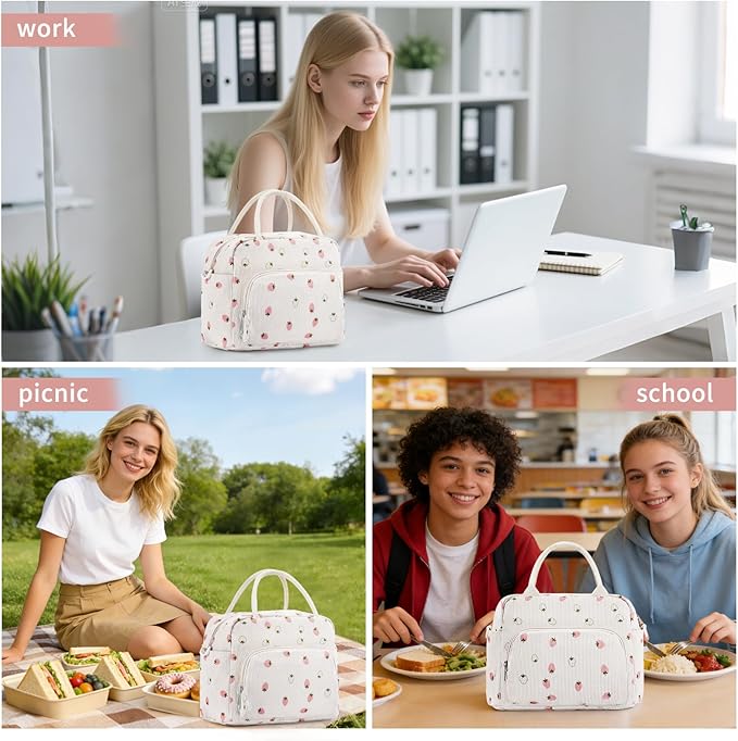 Lunch Box for Women Insulated Lunch Bag Women Adult Cute Lunch Bags Reusable Lunchbox Cooler Tote Bag for Work Picnic (Beige-Light Strawberry)