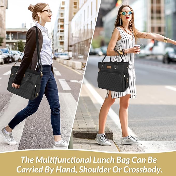 EASYA Large Insulated Lunch Bag for Work, Women's Nylon Thermal Lunch Box, Leakproof Cooler Tote Bag with Storage Pocket (Black)