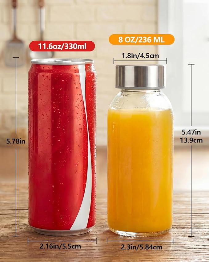 Zukro 8 oz Glass Water Bottles with Lids, Reusable Clear Juice Bottles With Stainless Steel Airtight Cap for Juicing, Ginger Shot, Milk, 250ml Leak Proof Small Smoothie Container, BPA Free, Set of 4
