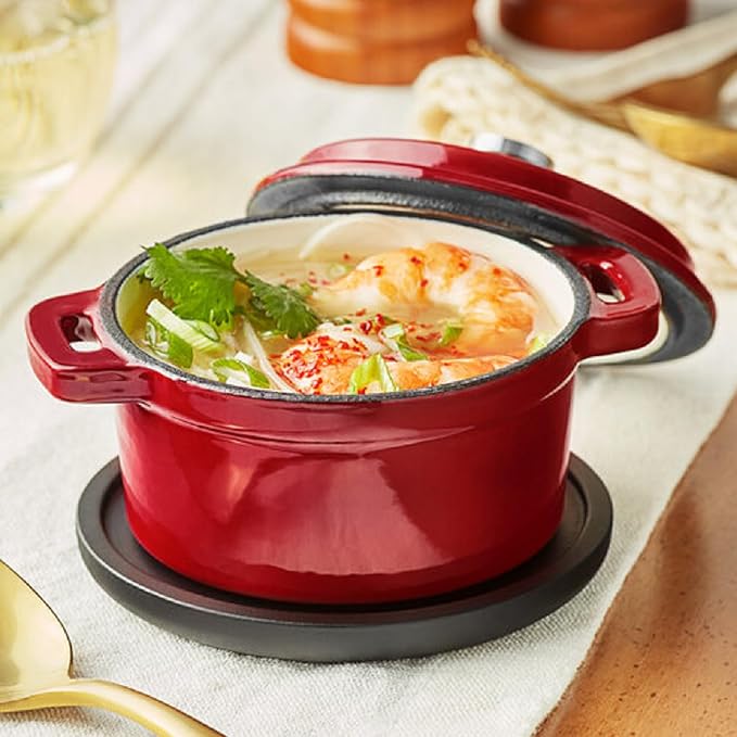 Mini Cocotte 16 oz Mini Dutch Oven 0.5 qt. Cast Iron Garlic Roaster for Oven Garlic Confit Pot Ramekins with Lids Oven Safe Set of 2, Red