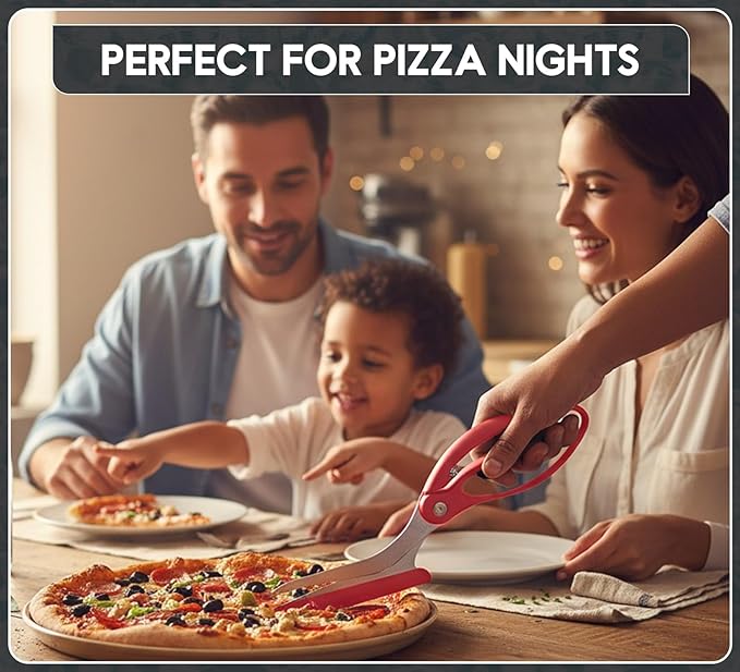 Pizza Scissors with Non Stick Slice Server. Sharp Pizza Cutting Without Topping Mess.Firm Grip, Food Grade Stainless Steel Pizza Cutter. Dishwasher Safe. 4 in 1 Kitchen Scissors