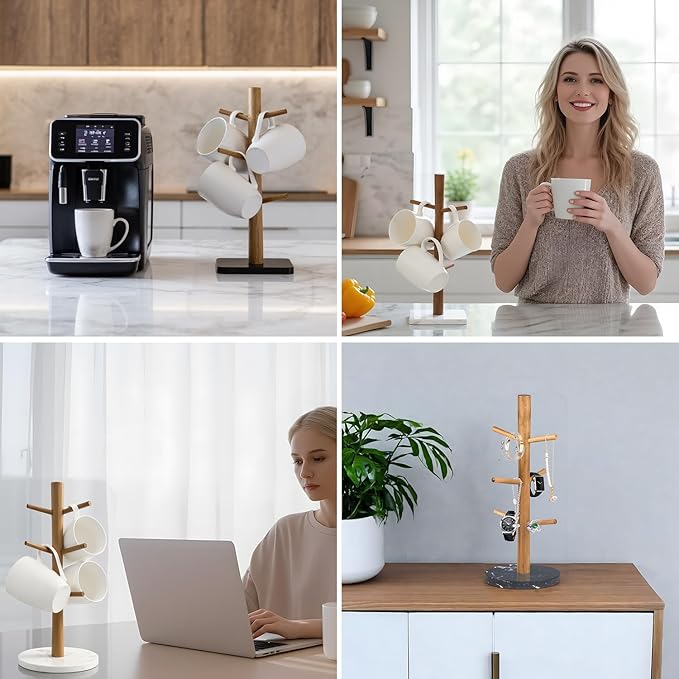 Buruis Wood Mug Holder, Marble Base Cup Rack Tree, Mug Stand Hanger, Kitchen Coffee Tree Countertop Tea Holder Stand, Coffee Cup Dryer with 6 Hooks (Round Base White)