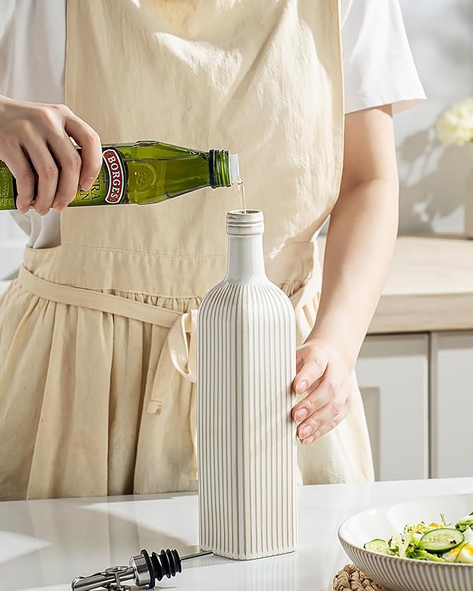 getstar 18 oz Olive Oil Dispenser Bottle for Kitchen, Ceramic Oil Bottle with Automatic Stainless Steel Pourer (Golden Pourer, Vintage White)