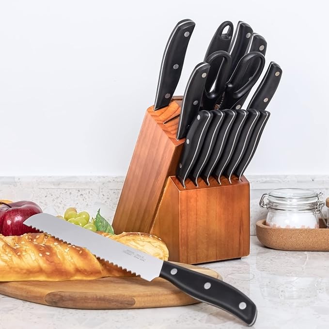 Knife Set, 15 Pcs Knife Sets for Kitchen with Block, Germany High Carbon Stainless Steel Knife Block Set with Sharpener and 6 Serrated Steak Knives, Professional Chef Knife Set for Kitchen Essentials