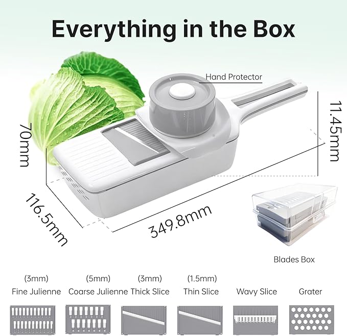 Mandoline Slicer for Kitchen with Drain Box, 6-in-1 Handheld Vegetable Slicer for Salad Prep, Cucumber & Cabbage Slicer with Safety Guard, Upgraded Long Handle Veggie Slicer for Easy Cleaning