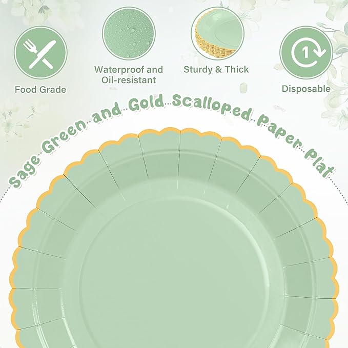 30 Pcs Sage Green Paper Plates, 9 Inch Easter Plates Sage Green Dessert Plates with Gold Scalloped Edge, Disposable Baby Shower Dinner Plates Party Supplies for Baby Shower, Wedding, Birthday