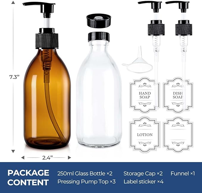 8 oz Glass Pump Bottle, 250ml Small Lotion Dispenser Bottle for Body Massage Oil, Refillable Empty Hand and Dish Soap Dispensers Set with Storage Caps, Labels - Amber & Clear, 2 Pack