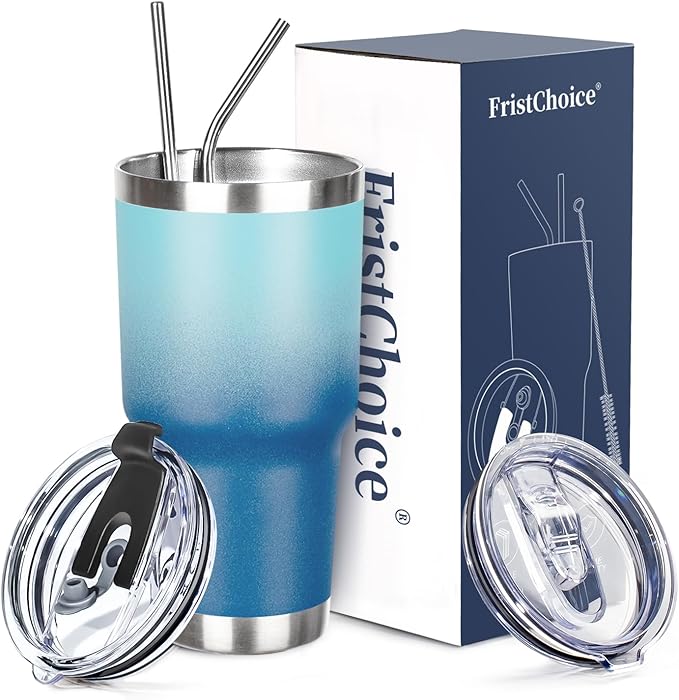 30 oz Tumbler with Lids and Straws Double Wall Vacuum Insulated Tumbler Cup,Stainless Steel Leak-proof Thermal Tumbler Travel Coffee Mug for Cold and Hot Drinks,Gradient Blue