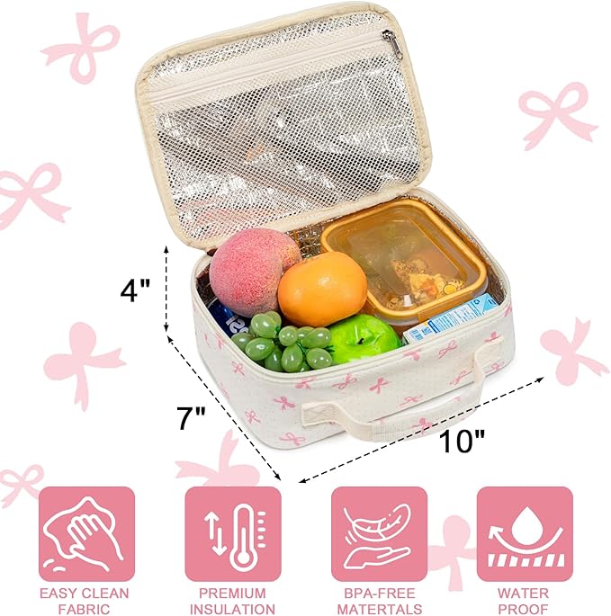 LEDAOU Lunch Box Kids Insulated Lunch Bag Girls Toddler Reusable Lunchbox for School Picnic Hiking (Pink Bow)