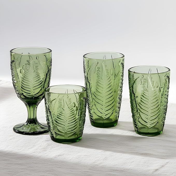 Vintage Green Drinking Glasses Set of 8, Mixed 10 oz & 12 oz Hand-Pressed Textured Glass Cups, Fern Embossed Retro Colored Glassware, Decorative Tumblers for Water & Cocktails, Boho Drinkware Gift Set