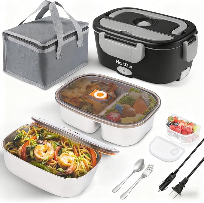 Electric Lunch Box Food Warmer, 80W Fast Heating, 1.5L Heated Lunchbox Stainless Dual Steel Container, Portable Food Heater for Work Travel Car, Lonchera Electrica Portatil 12/24V/110-230V