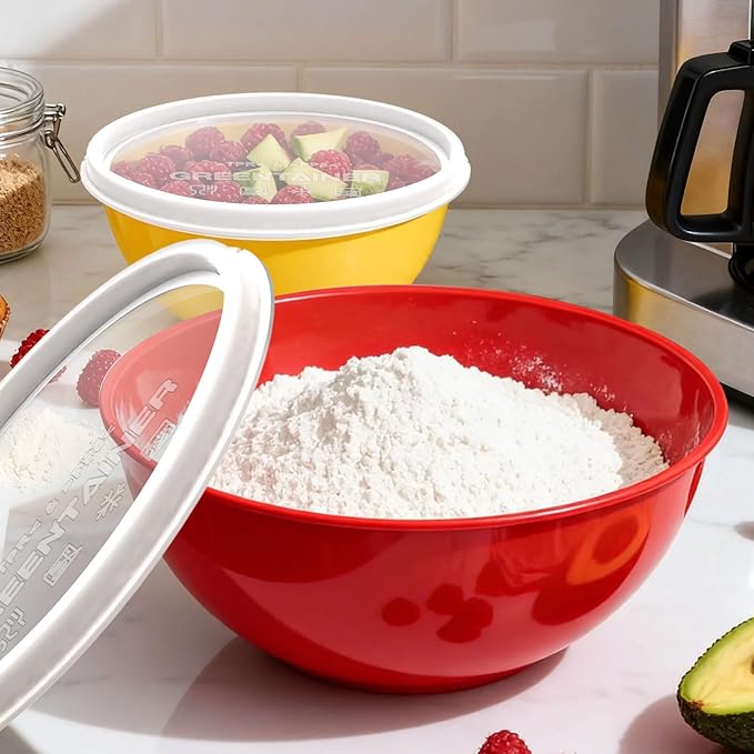 6-Piece Plastic Mixing Bowls Set with Airtight Lids, Nesting Bowls for Space Saving, TPR Sealed & PP5 Leak-Proof Lids, for Baking, Prepping & Serving, Dishwasher Safe (Rose Red)