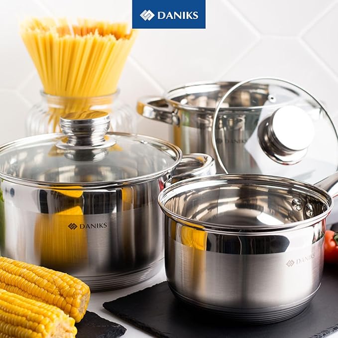 Daniks Standard 2 Quart Stainless Steel Stock Pot with Glass Lid, Try-Ply Bottom for Even Heating, Induction Compatible, Dishwasher Safe, Built-In Measuring Scale, Silver