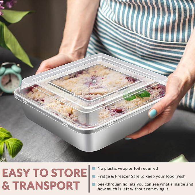 E-far 9 Inch Square Cake Pan with lid, 9x9 Baking Brownie Pans Stainless Steel Bakeware Set of 2, Non-toxic & Healthy, Easy Clean & Dishwasher Safe - 4 Pieces(2 Pans + 2 Lids)