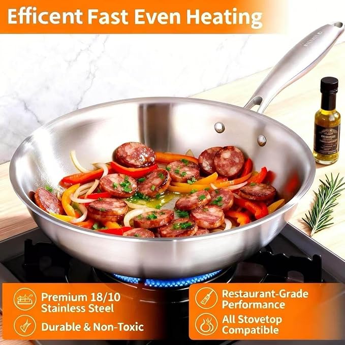 DELARLO Tri-Ply Stainless Steel Woks, 12 Inch Healthy Non-Toxic Cooking Wok Pan with Lid, Wide & Deep Cookware Stir-Fry Pans, Dishwasher and Oven Safe Up To 600°F, Works on Induction,Detachable Handle
