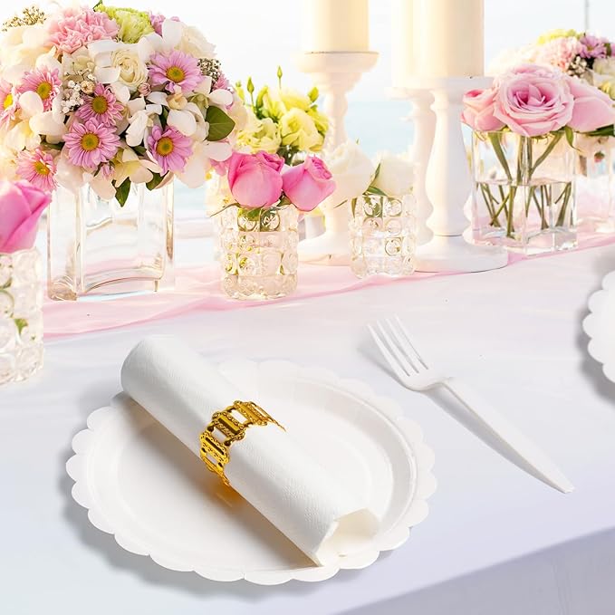 105PCS Paper Plates and Napkins Set,7 Inch Scalloped Disposable Tableware with Forks for Birthdays, Garden Parties & Outdoor Events,Serves 35 (White)