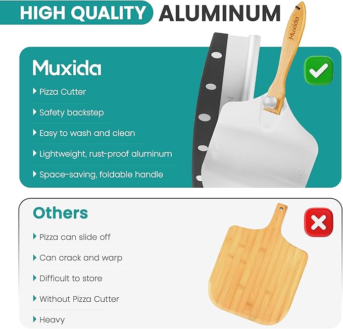 Aluminum Pizza Peel & Rocker Cutter Set (12" x 14") Premium Stainless Steel Pizza Paddle with Foldable Wooden Handle, Lightweight Pizza Spatula with Storage Bag for Oven & Outdoor Pizza Maker