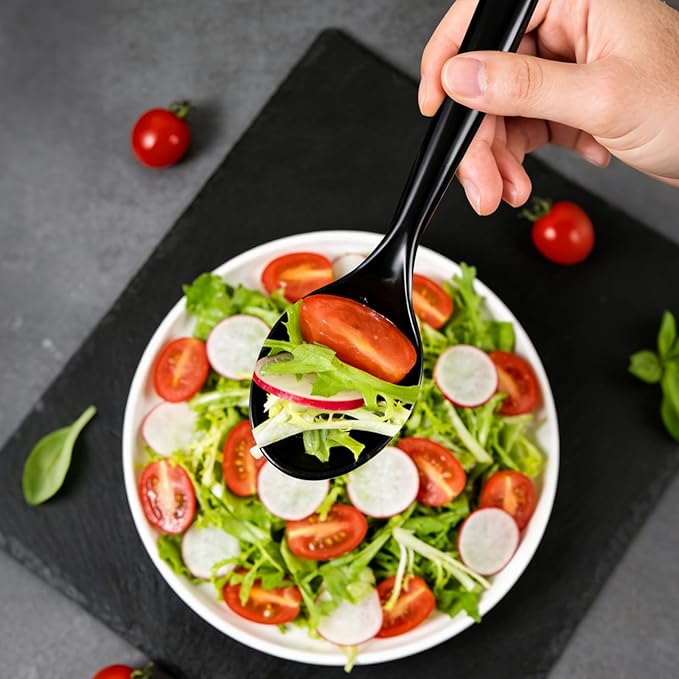 CXPSINC 12 Count Black Plastic Serving Spoons, 10" Disposable Heavy Duty Plastic Serving Utensils for Catering Weddings Parties Buffets Events and Stock Your Home (Black, 12PCS Spoons)