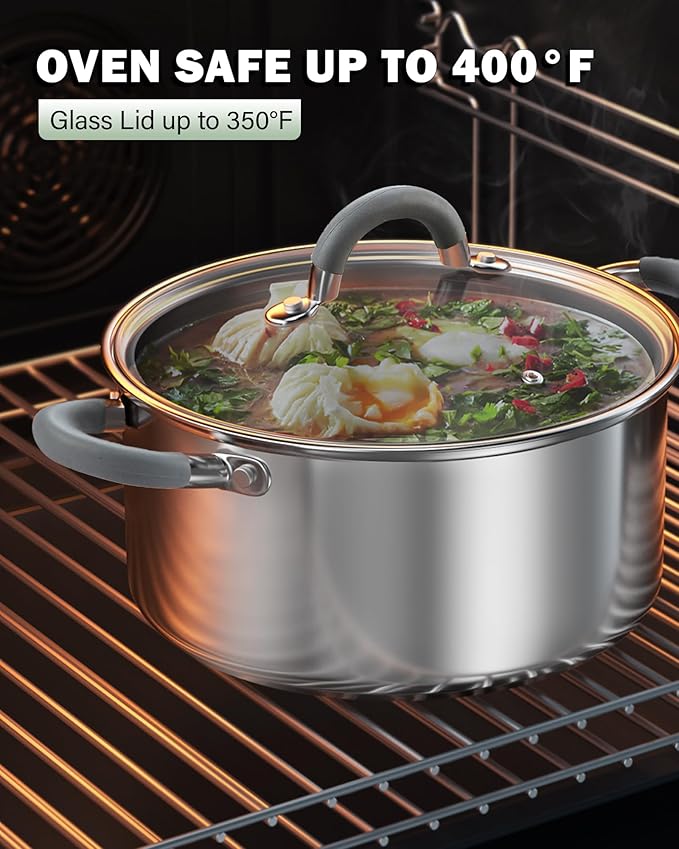 Cook N Home Stockpot with Lid, 8-Quart Basic Stainless Steel Pasta Cooking Soup Pot, Stay-Cool Silicone Handles