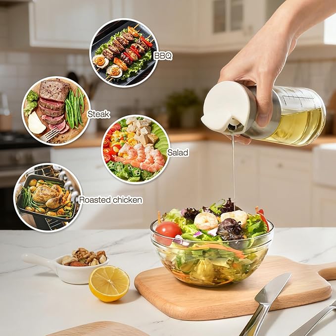 Vucchini Oil Dispenser for Kitchen Stainless Steel Olive Oil Dispenser Bottle 9 Ounce with Non- Drip Spout Glass Vinegar Soy Sauce Dispenser for Cooking, Salad