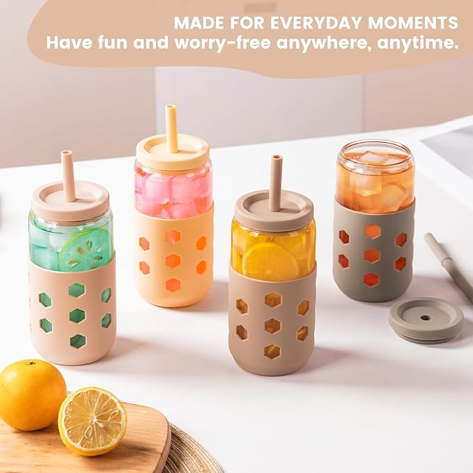 Glass Cups with Lids and Straws (4 Pack), 16oz Drinking Glasses Set with Silicone Sleeves for Coffee Bar Accessories Iced Coffee Cups with Lids, Glass Tumbler Reusable for Gifts