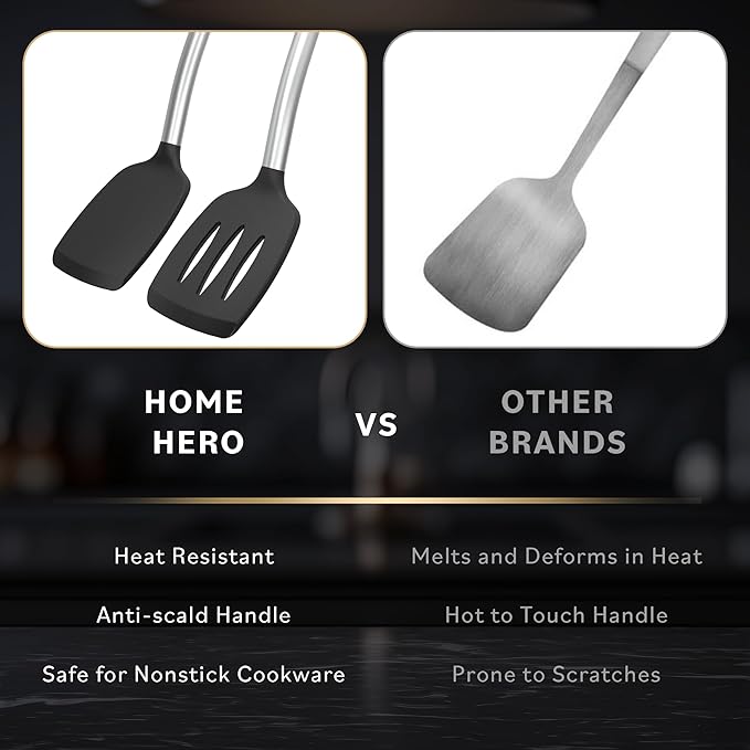 Home Hero Silicone Spatula Set - Heat Resistant Spatulas for Cooking - Ergonomic Stainless Steel Cooking Utensils - Solid & Slotted Silicone Turners - Pack of 2, Black
