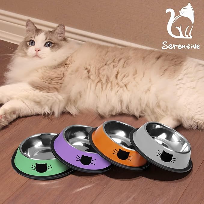 3 Pcs Non-Slip Stainless Steel Small Cat Food Bowls - Unbreakable, Thicken 7 Oz Cat Dishes - Indoor, Removable Rubber Base, Easily Clean, Lovely Color