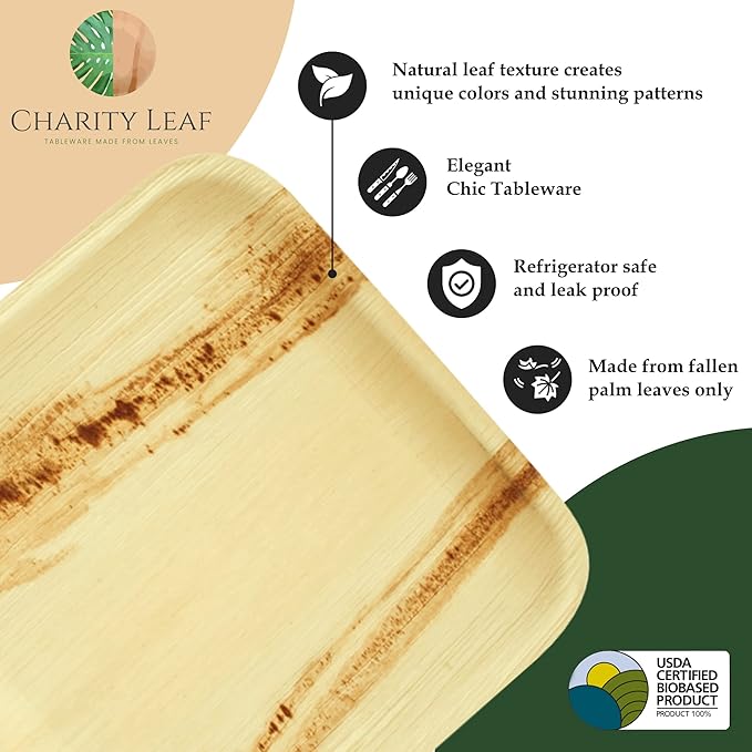 Charity Leaf Disposable Palm Leaf 17" x 12" Trays (25 pieces) Bamboo Like Serving Platters, Disposable Boards, Eco-Friendly Dinnerware For Weddings, Catering, Events