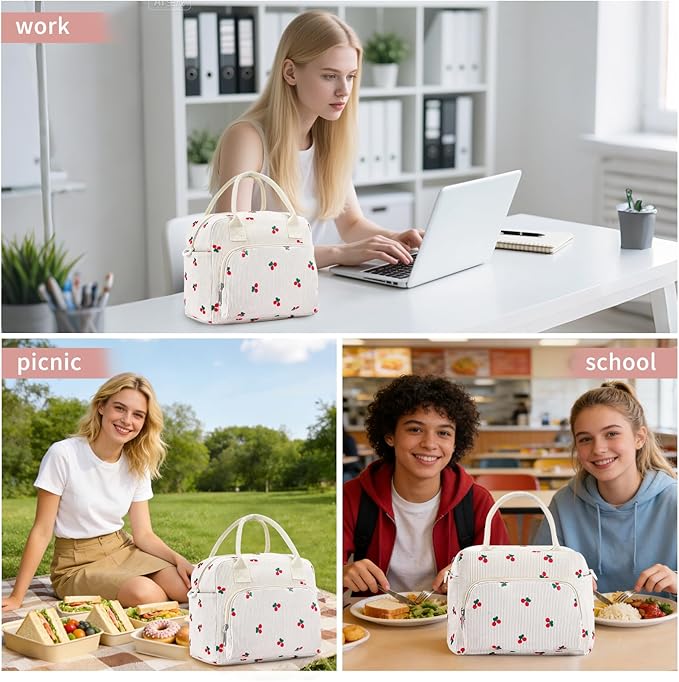 Lunch Box for Women Insulated Lunch Bag Women Adult Cute Lunch Bags Reusable Lunchbox Cooler Tote Bag for Work Picnic (Beige-Cherry)