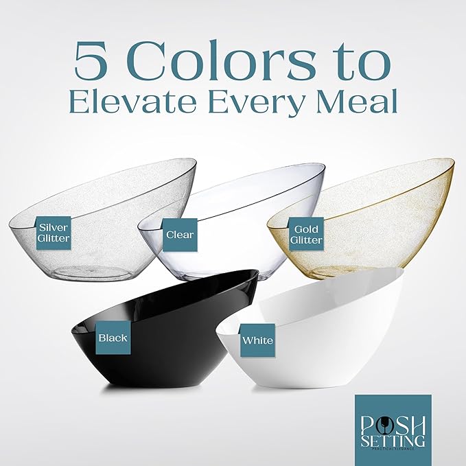 Posh Setting - Black Plastic Serving Bowls for Party - Angled, Disposable, Chip & Candy Bowls - 20 OZ, 5 Pack