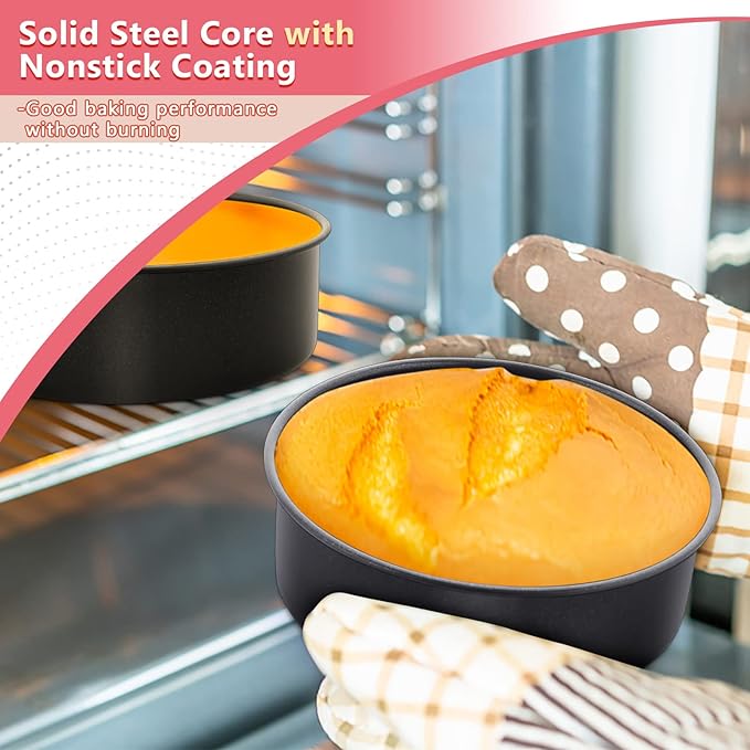 E-far 6 Inch Cake Pan Set of 3, Nonstick Stainless Steel Small Round Cake Pans Tin for Baking Layer Cakes, Stainless Steel Core & Non-toxic Coating, Straight Side & 2 Inch Deep
