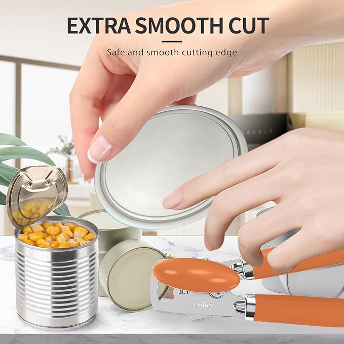 Can Opener Manual, Heavy Duty Stainless Steel Smooth Edge Can Opener With Soft Touch Handle, Oversized Handheld Easy Turn Knob, Multi-Function Bottle Opener, Orange