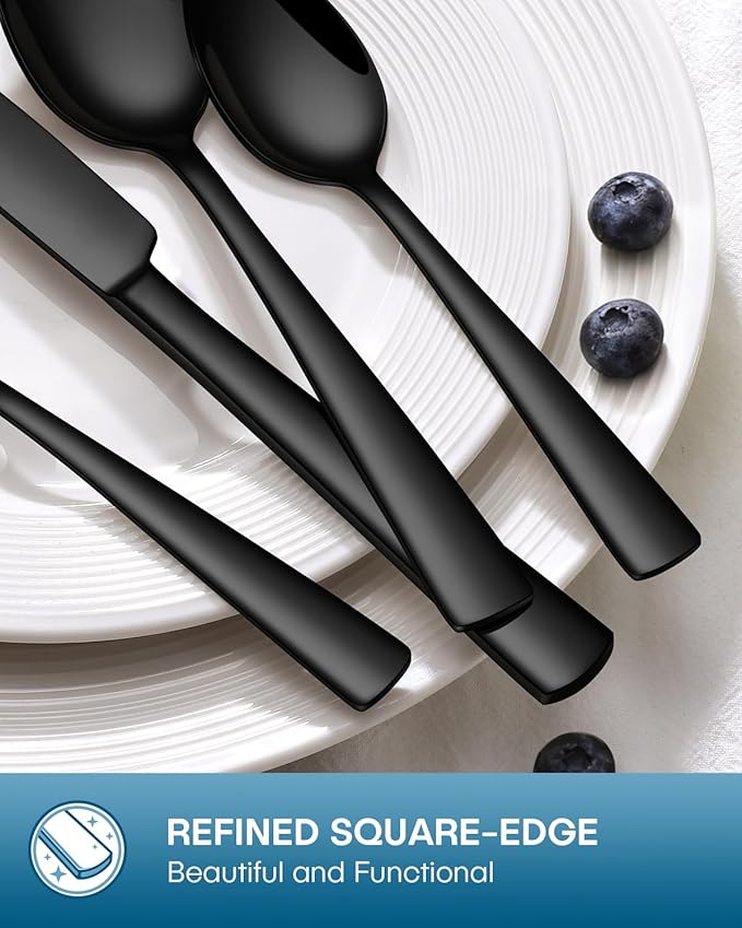 Stapava 24 Pcs Black Silverware Set with Steak Knives, Food-Grade Stainless Steel Flatware Set for 4 Mirror Polished Cutlery Utensil Sets Include Forks Spoons and Knives Set Dishwasher Safe