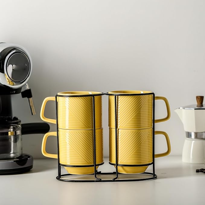 Stackable Coffee Mugs with Rack: 13 oz Stacking Ceramic Cups with Stand - Porcelain Stacked Tea Mug Set of 4 (Light Yellow)