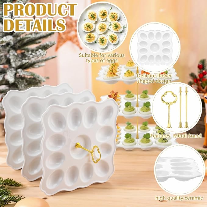 3 Tier Easter Ceramic Deviled Egg Platter 36 Hole Square Deviled Egg Tray Contain Detachable Eggs Holder Tower Easter Party Food Container for Kitchen Countertop Dishwasher Freezer Wedding Tea Party