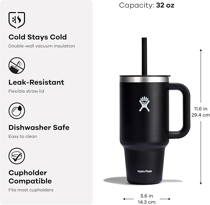 Hydro Flask Travel Tumbler with Handle, Lid and Straw - Insulated Stainless Steel in 32 Oz Blue