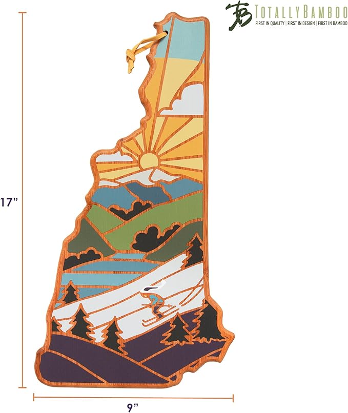 Totally Bamboo New Hampshire State Shaped Cutting Board and Charcuterie Serving Platter with Artwork by Summer Stokes, Includes Hang Tie for Wall Display