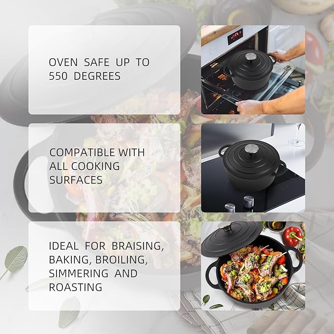 4 Quart Dutch Oven Enameled Cast Iron with Lid - Big Dual Handles - Oven Safe up to 500°F - Classic Round Pot for Versatile Cooking Matte Black(No Enameled