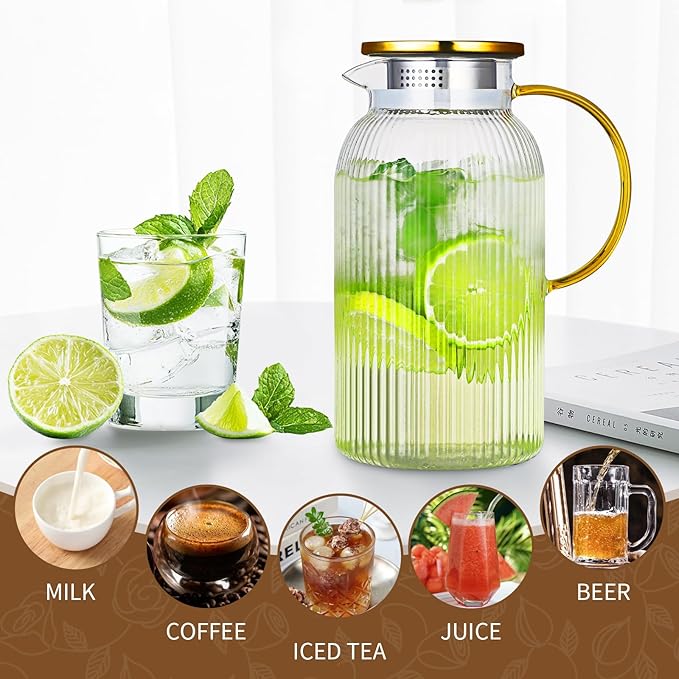 Glass Pitcher with Lid, 2Pcs Elegant Heat Resistant Cold 2 Lite Brew Pitchers for Fridge Hot Cold Water Coffee Milk Lemonade Beverage,Vertical StripesLemonade Beverage