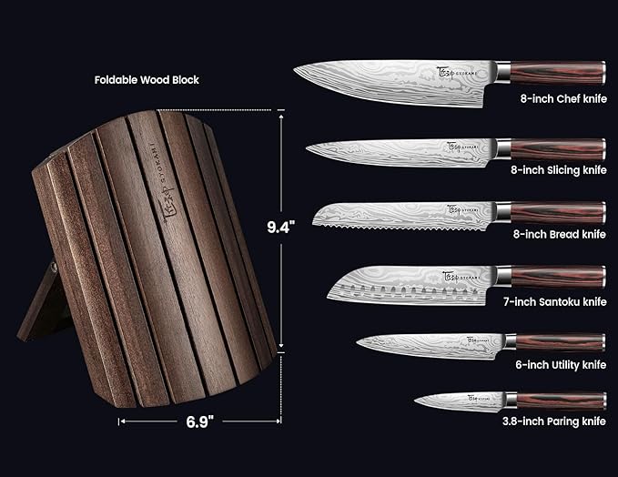 Knife Set 7 Piece Japanese Style Kitchen Knife Set With Foldable Magnetic Acacia Wood Block Sharp High Carbon Stainless Steel Knives Set for Kitchen with Anti-slip Handle, Ideal Gift